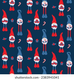 Christmas blue pattern with gnomes. Seamless pattern with gnomes