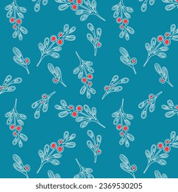 Christmas blue pattern hand drawn doodle twigs with red berry. Vector illustration