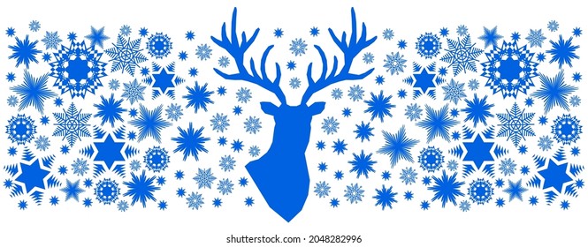 Christmas blue pattern. Happy New Year background. Xmas  reindeer, gifts,  snowflakes. Vector decoration for greeting  card.