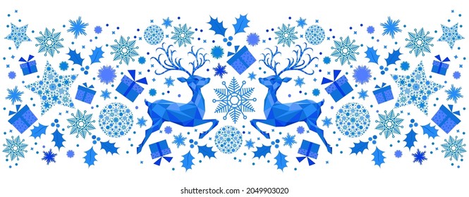 Patrón azul de Navidad. Feliz Año Nuevo. Reno de Navidad, regalos, copos de nieve. Decoración vectorial para tarjeta de felicitación.