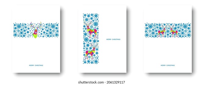 Christmas blue pattern. Happy New Year background. Xmas  reindeer, gifts,  snowflakes. Vector decoration for greeting  card.