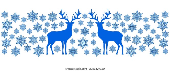 Patrón azul de Navidad. Feliz Año Nuevo. Reno de Navidad, regalos, copos de nieve. Decoración vectorial para tarjeta de felicitación.