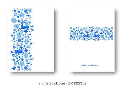 Christmas blue pattern. Happy New Year background. Xmas  reindeer, gifts,  snowflakes. Vector decoration for greeting  card.