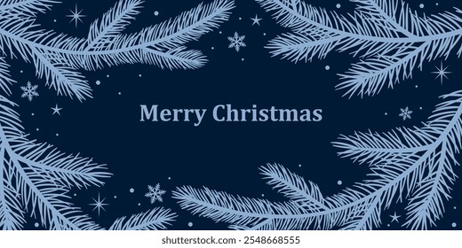 Christmas blue pine frame vector illustration, dark greeting background template design