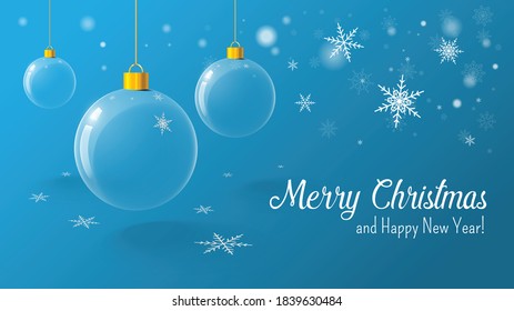 Christmas blue postcard with christmas ball and snowflakes on background. Vector illustration.