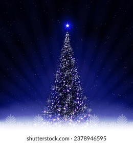 Christmas blue postcard with shiny Christmas tree with rays of light.