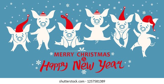Christmas blue postcard. Very cute pigs in holiday red hats dance and rejoice in falling snow. Cute illustration with six cartoon pigs. Merry Christmas and Happy New Year! Year of the Pig 2019.
