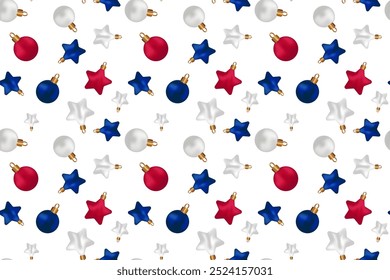 Christmas blue red silver balls stars isolated background Minimal composition vector seamless pattern Winter holiday mood Xmas design template Festive New year decorations Bright  Wrapping paper