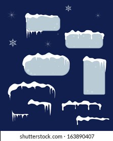 Christmas blue sale stickers and tags with icicles, stars and snowflakes on a dark blue vector background.Snow top.