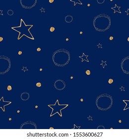 Christmas blue seamless background with gold handdrawn christmas stars.
