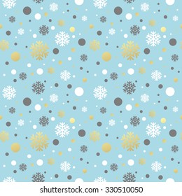 Christmas blue seamless pattern with golden, white and gray snowflake. Vector illustration EPS 10