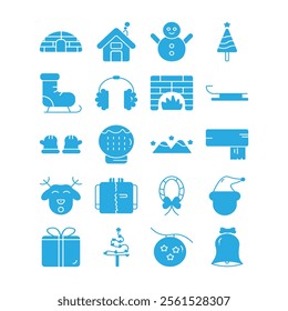 Christmas blue set icons design. Christmas collection of bells, santa, deer, angel, nutcracker, cookies, showman, snowstar, drums, mitten, candy, sock, tree, snowglobe, star, house, skiers, gift