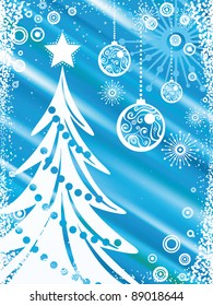 Fondo de brillantez azul navideño con árbol de navidad, bolas y copos de nieve