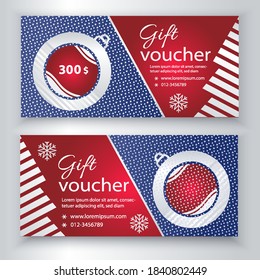 Christmas blue silver voucher template with bottle shampagne, snowflakes and christmas trees. Gift coupon