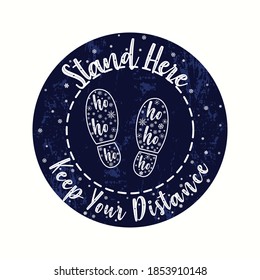Christmas blue stand here sign, footprint floor sticker, Holiday Season footsteps in circle, keep distance, waiting in line, coronavirus or Covid-19 prevention, social distance, vector icon
