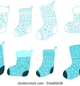 Christmas blue stockings. Stylized winter socks. Set of decorative Christmas stockings with ornaments. Merry Christmas. Vector seamless pattern.