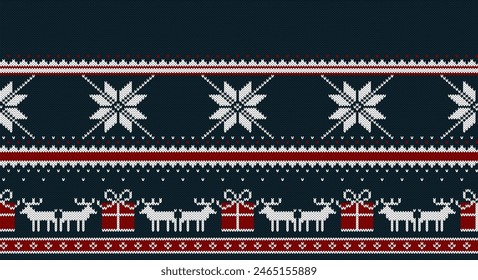 Christmas blue sweater pattern. Xmas, winter holiday knit ornament wallpaper or vector backdrop. New Year or Christmas handmade embroidery print, ugly sweater background with snowflakes and reindeers