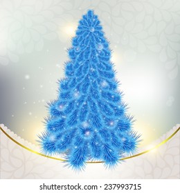 Christmas blue Christmas tree on abstract background with snowflakes.  Festive vector illustration blue Christmas tree, Christmas card, card, menu, banner.