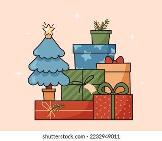 Christmas blue tree with yellow shine star, color gifts with bow and spruce twigs. Banner, poster. Groovy retro Christmas vector illustration. Holly jolly vibes. 