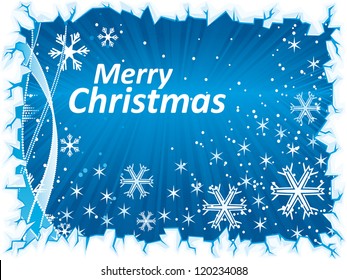 Fondo vectorial azul navideño con olas, copos de nieve, borde de hielo y texto navideño