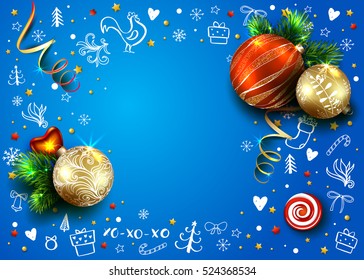 Christmas blue vector card with realistic fir tree, balls, decorations and hand drawn elements.  2017 year of rooster. 3D. Bright winter background. Place for text.