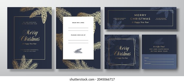 Christmas Blue Vector invitation Cards, Posters and Banners Backgrounds Set. Back and Front Design Layouts with Sketch Golden Pine Branches Templates Collection.