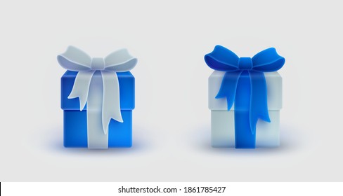 Christmas blue, white gifts box with soft touch bow and ribbon, look like 3d rendering. Happy New Year illustration for postcard, banner, decor, design, arts on white background.