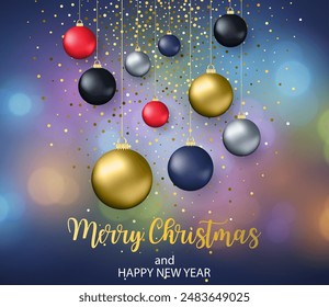 Christmas blurred background with bauble. Merry Christmas and Happy New Year greeting card. Vector illustration. .