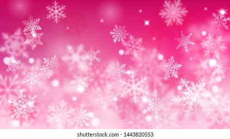 Christmas blurred background of complex defocused big and small falling snowflakes in pink colors with bokeh effect
