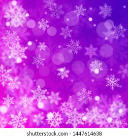 Christmas blurred background of complex defocused big and small falling snowflakes in purple colors with bokeh effect