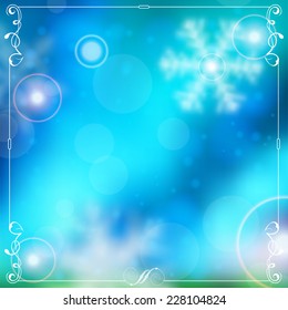 Christmas Blurred Bokeh Background with Snowflakes and Flare, vector illustration.