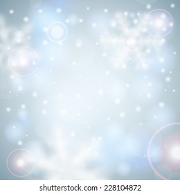Christmas Blurred Bokeh Background with Snowflakes and Flare, vector illustration.