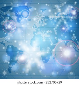Christmas Blurred Bokeh Background with Snowflakes, Flare and Earth Map. Vector illustration.