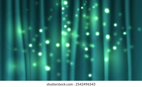 Christmas blurred bokeh curtain with blinking stars. Golden and green holiday glowing backdrop. Defocused background, seamless vector illustration