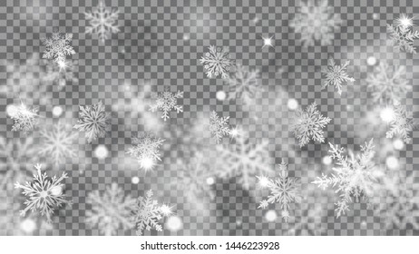 Christmas blurred illustration of complex defocused big and small falling snowflakes in white and gray colors with bokeh effect on transparent background