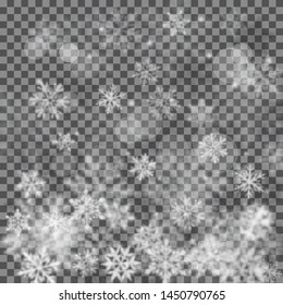 Christmas blurred illustration of complex defocused big and small falling snowflakes in white and gray colors with bokeh effect on transparent background