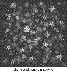 Christmas blurred illustration of complex defocused big and small falling snowflakes in white and gray colors with bokeh effect on transparent background