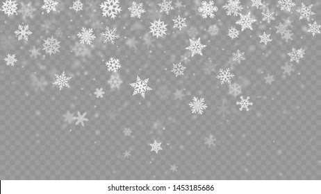 Christmas blurred illustration of complex defocused big and small falling snowflakes in white and gray colors with bokeh effect on transparent background