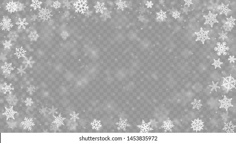 Christmas blurred illustration of complex defocused big and small falling snowflakes in white and gray colors with bokeh effect on transparent background