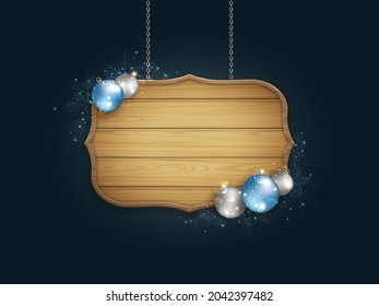 Christmas Board. Brown Wooden Frame. Vector Illustration.