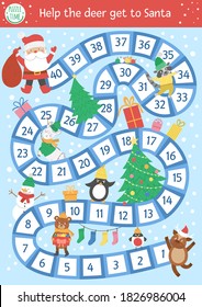 Christmas board game for children with cute animals and Santa Claus. Educational boardgame with fir tree, presents, decorations. Help the deer get to Santa. Funny winter printable activity. 
