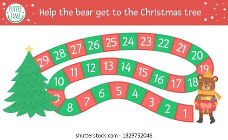 Christmas Board Game For Children With Cute Animal. Educational Boardgame With Holiday Decorations. Help The Bear Get To The Christmas Tree. Funny Winter Printable Activity