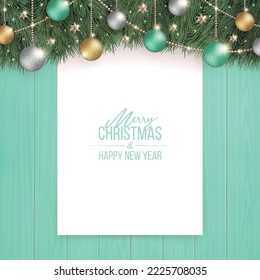 plantilla de pizarra de Navidad. Pizarra blanca y simple sobre una pared de madera turquesa. 3 quinquies ilustración.