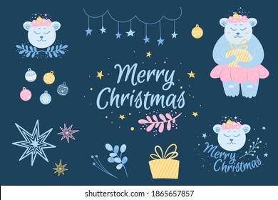 Christmas boho clipart with a cute bear character for children. Vector New Year's Illustration 2021 for Design