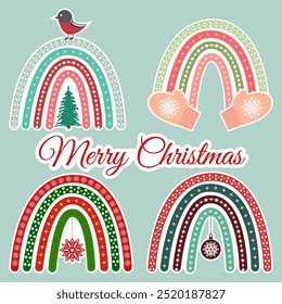 Christmas boho rainbow stickers, vector isolated illustration. Cute childish rainbows with Christmas tree, ball, bullfinch, mittens, snowflakes.