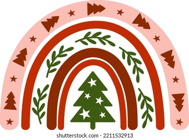 Christmas boho rainbow vector clipart. Winter Christmas tree kids print