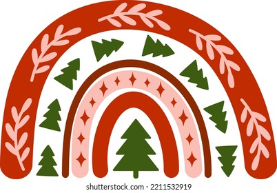 Christmas boho rainbow vector print. Winter Christmas tree kids clipart