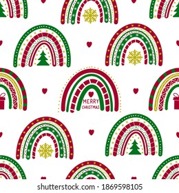 Christmas Boho Rainbows seamless pattern. Hand drawn winter holidays background. Vector template  for fabric, textile, kids clothes, wallpaper, wrapping paper, etc. 