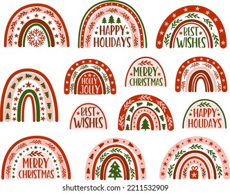 Christmas boho rainbows vector illustrations set. Christmas quotes. Winter holidays clipart