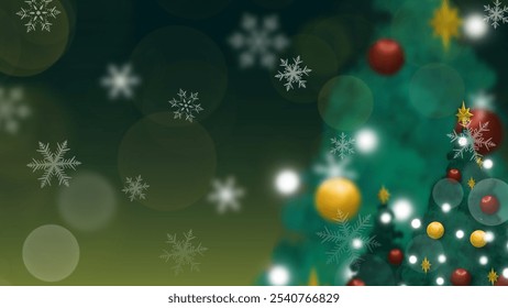 Christmas bokeh background with snowflakes, decorated tree, and soft festive lights, ideal for holiday themes, seasonal greetings, and decorative art.